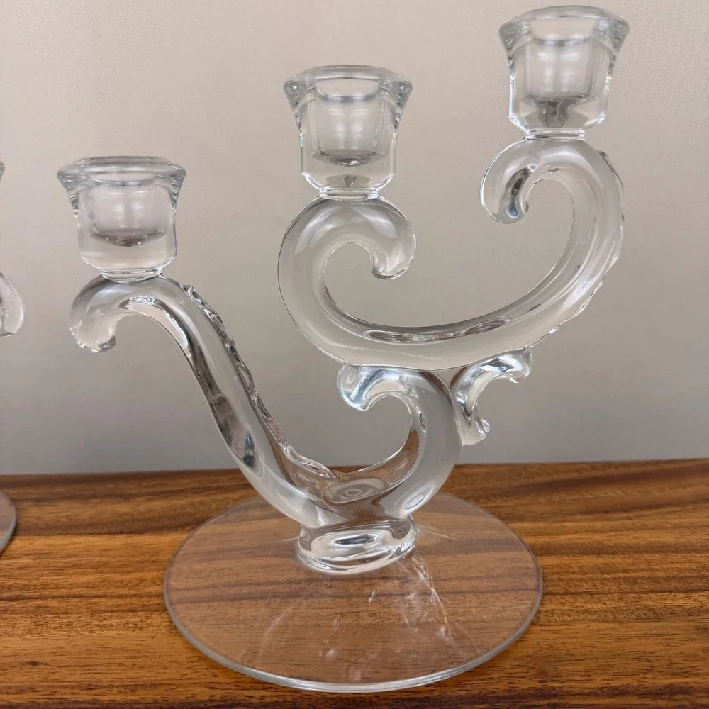 Fostoria Century Clear Glass 3-Light Candelabra Pair Vintage Scrolled Etched 6in